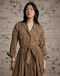 Belted Paisley-Print Corduroy Dress