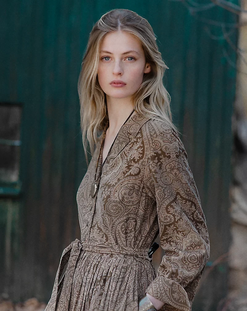 Belted Paisley-Print Corduroy Dress
