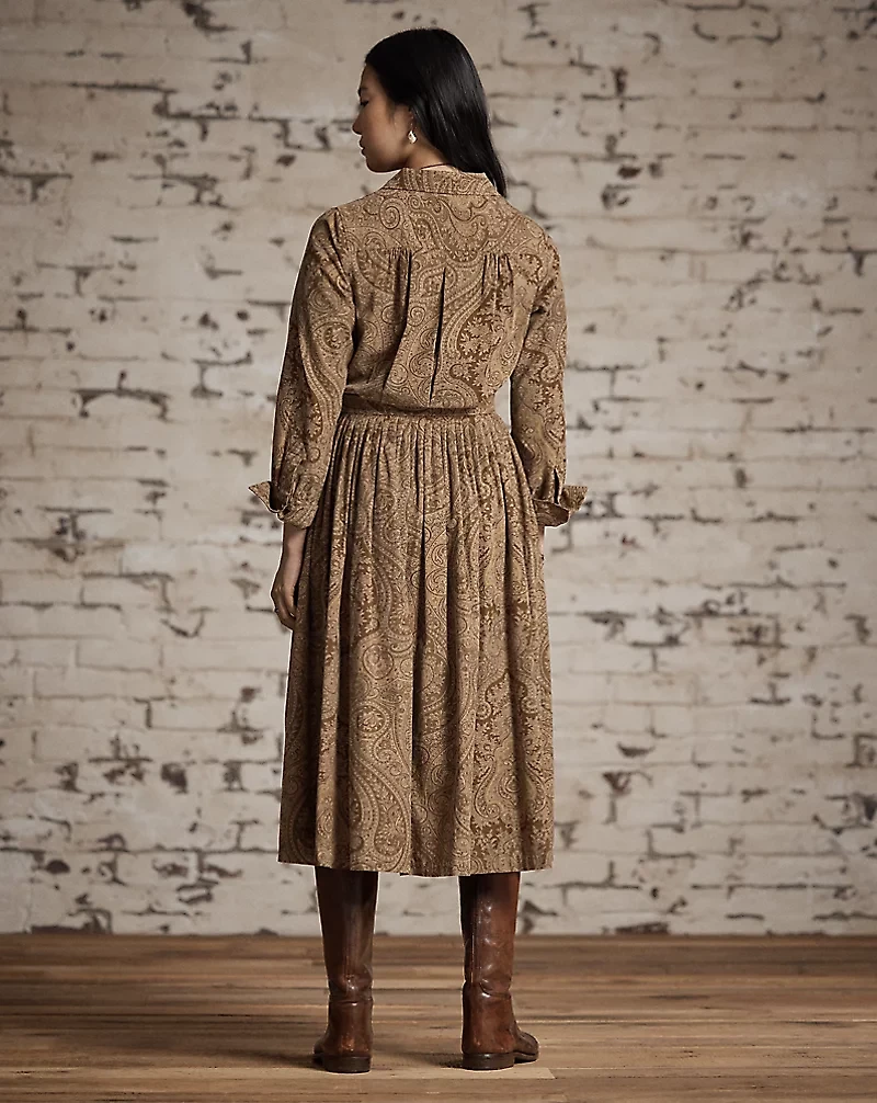 Belted Paisley-Print Corduroy Dress