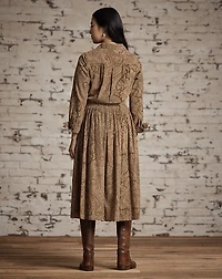 Belted Paisley-Print Corduroy Dress