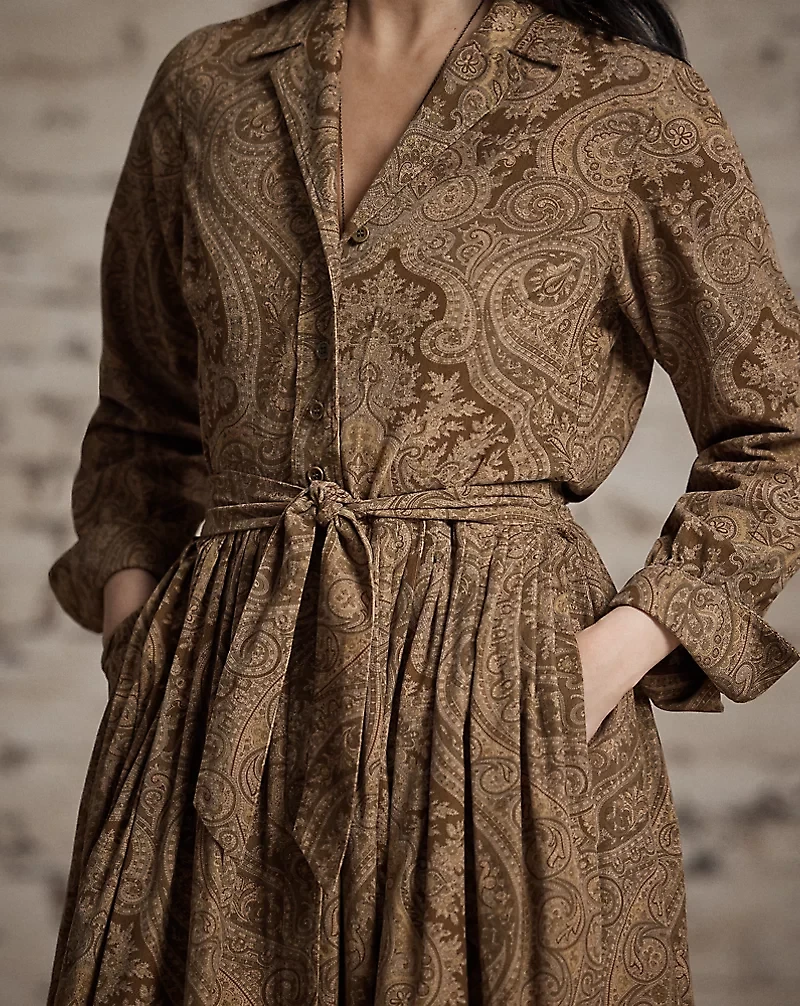 Belted Paisley-Print Corduroy Dress