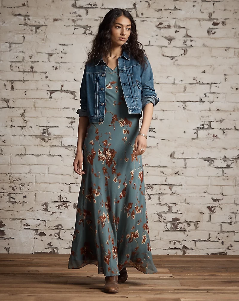Floral Crinkled Silk Chiffon Dress