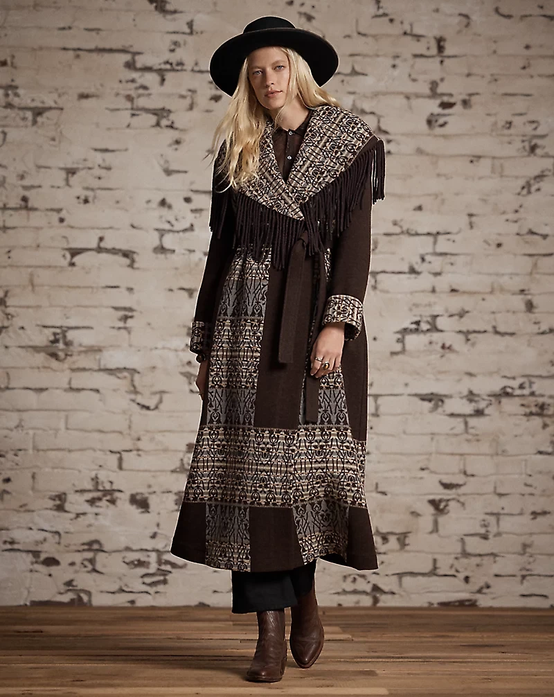 Fringe-Trim Jacquard Wrap Coat