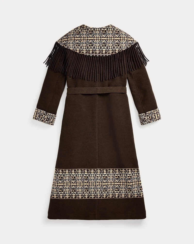 Fringe-Trim Jacquard Wrap Coat