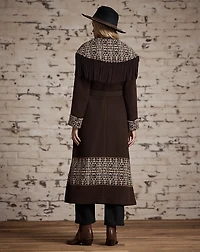 Fringe-Trim Jacquard Wrap Coat