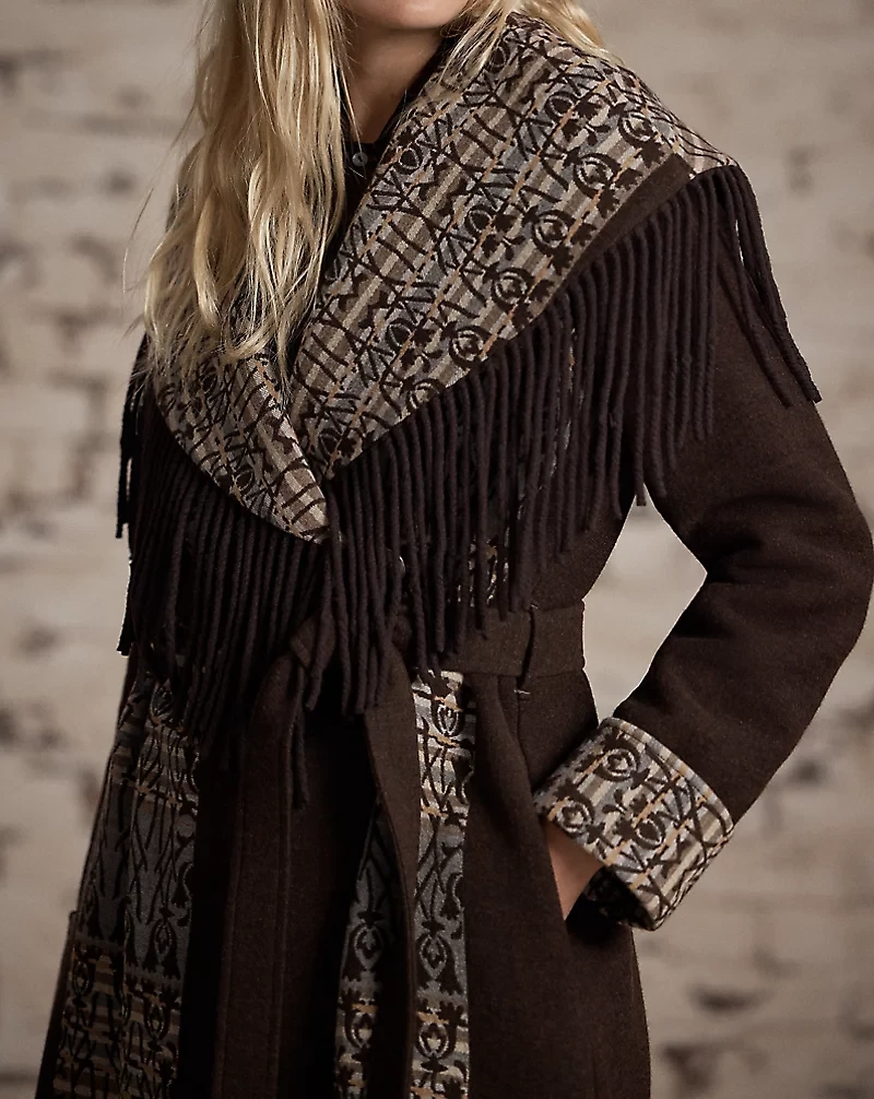 Fringe-Trim Jacquard Wrap Coat