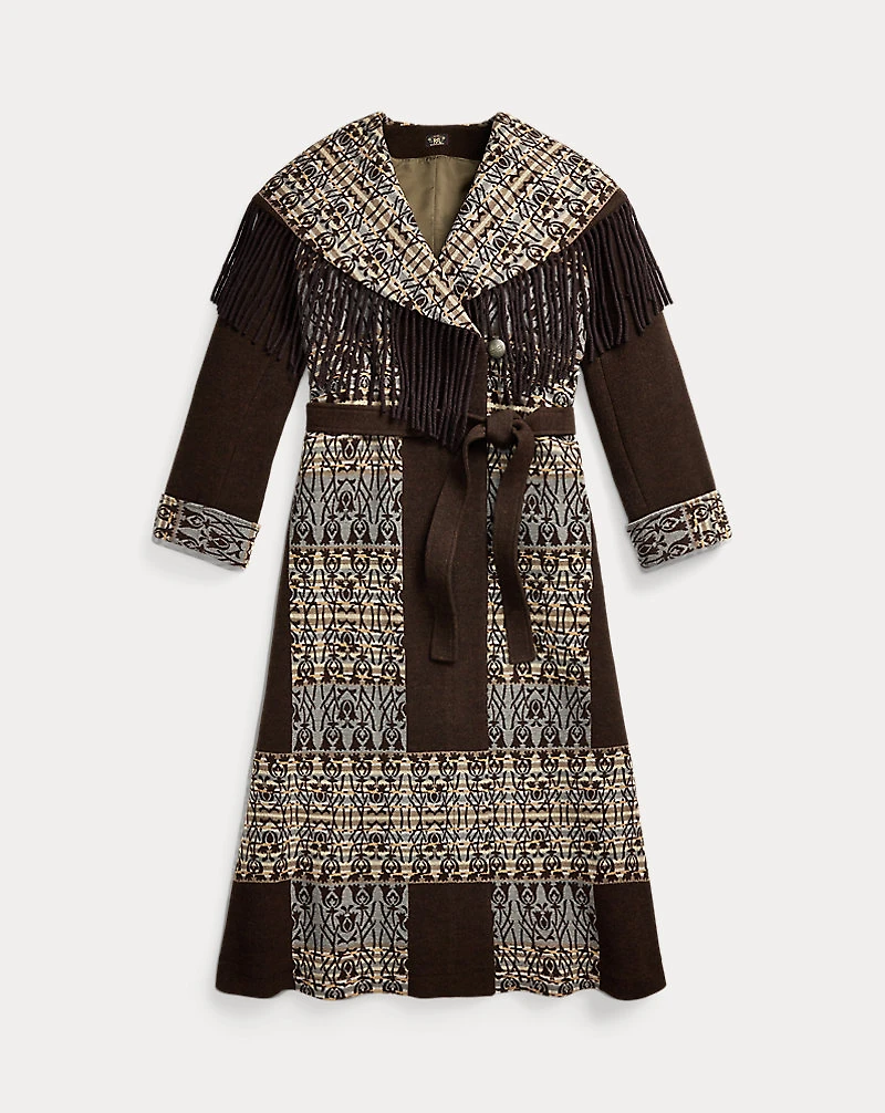 Fringe-Trim Jacquard Wrap Coat