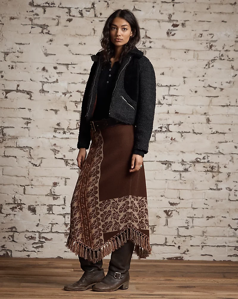 Fringe-Trim Wool Jacquard Skirt