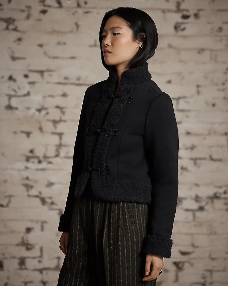 Faux-Shearling-Trim Knit Wool Jacket