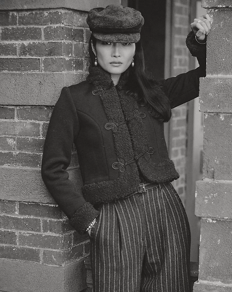 Faux-Shearling-Trim Knit Wool Jacket