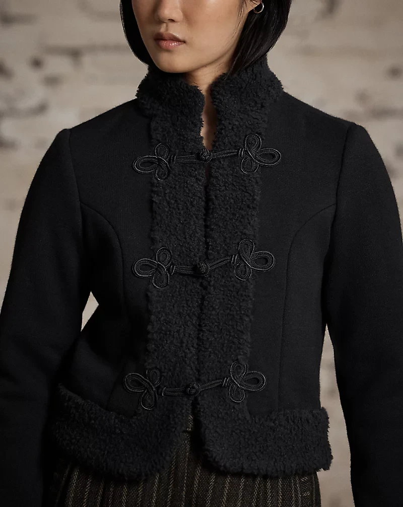 Faux-Shearling-Trim Knit Wool Jacket
