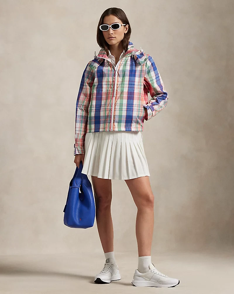 Plaid Packable Hooded Rain Jacket