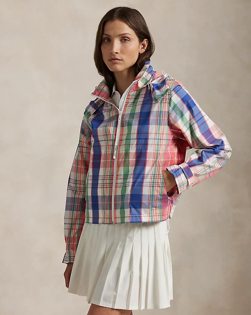 Plaid Packable Hooded Rain Jacket