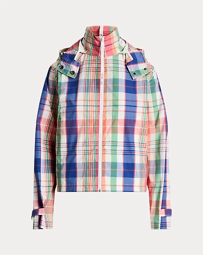 Plaid Packable Hooded Rain Jacket