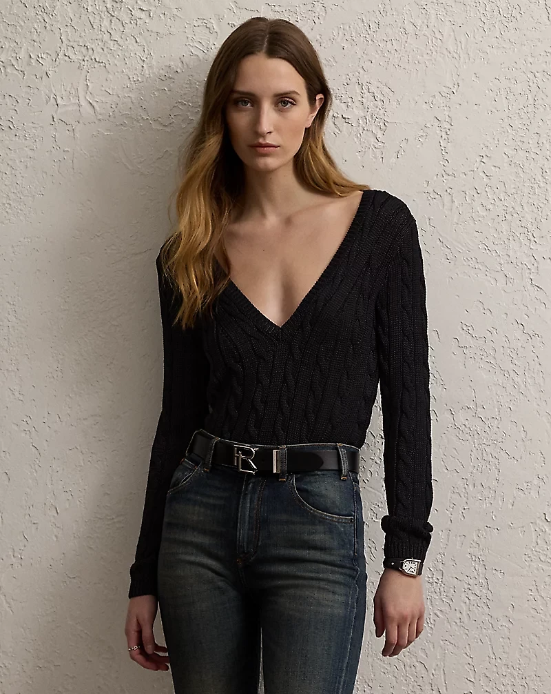 Cable-Knit Silk V-Neck Sweater