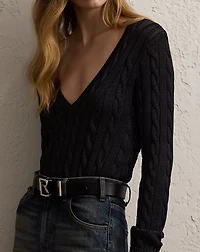 Cable-Knit Silk V-Neck Sweater