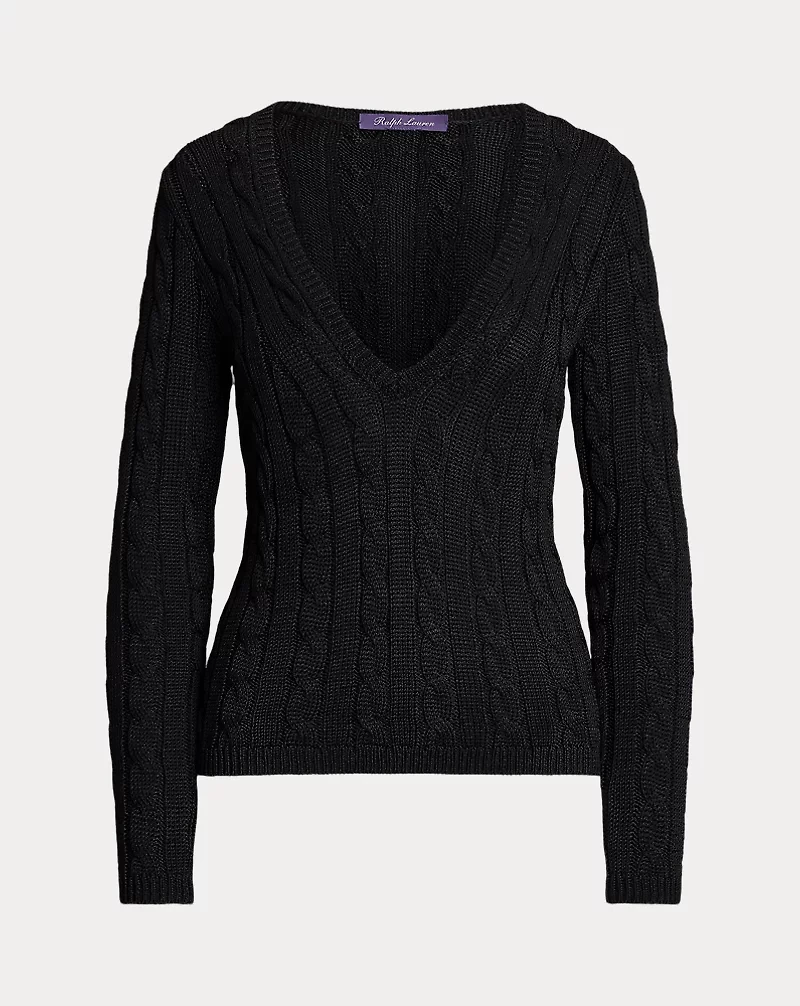 Cable-Knit Silk V-Neck Sweater