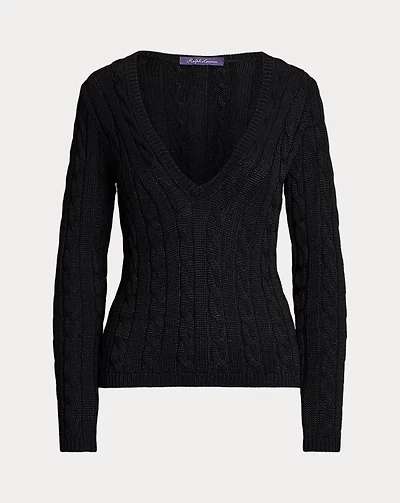 Cable-Knit Silk V-Neck Sweater