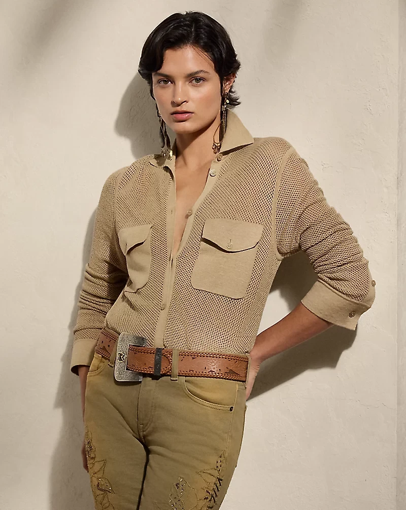 Linen-Blend Mesh Sweater Shirt