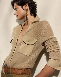 Linen-Blend Mesh Sweater Shirt