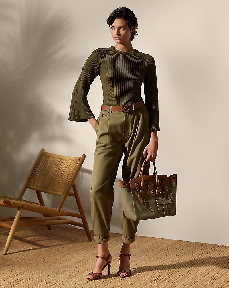 Rib-Knit Wool-Silk Button-Sleeve Sweater