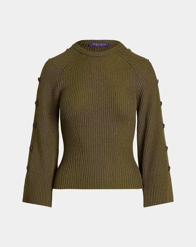 Rib-Knit Wool-Silk Button-Sleeve Sweater