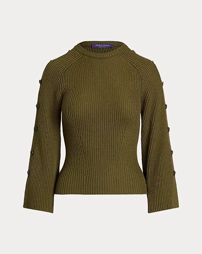 Rib-Knit Wool-Silk Button-Sleeve Sweater