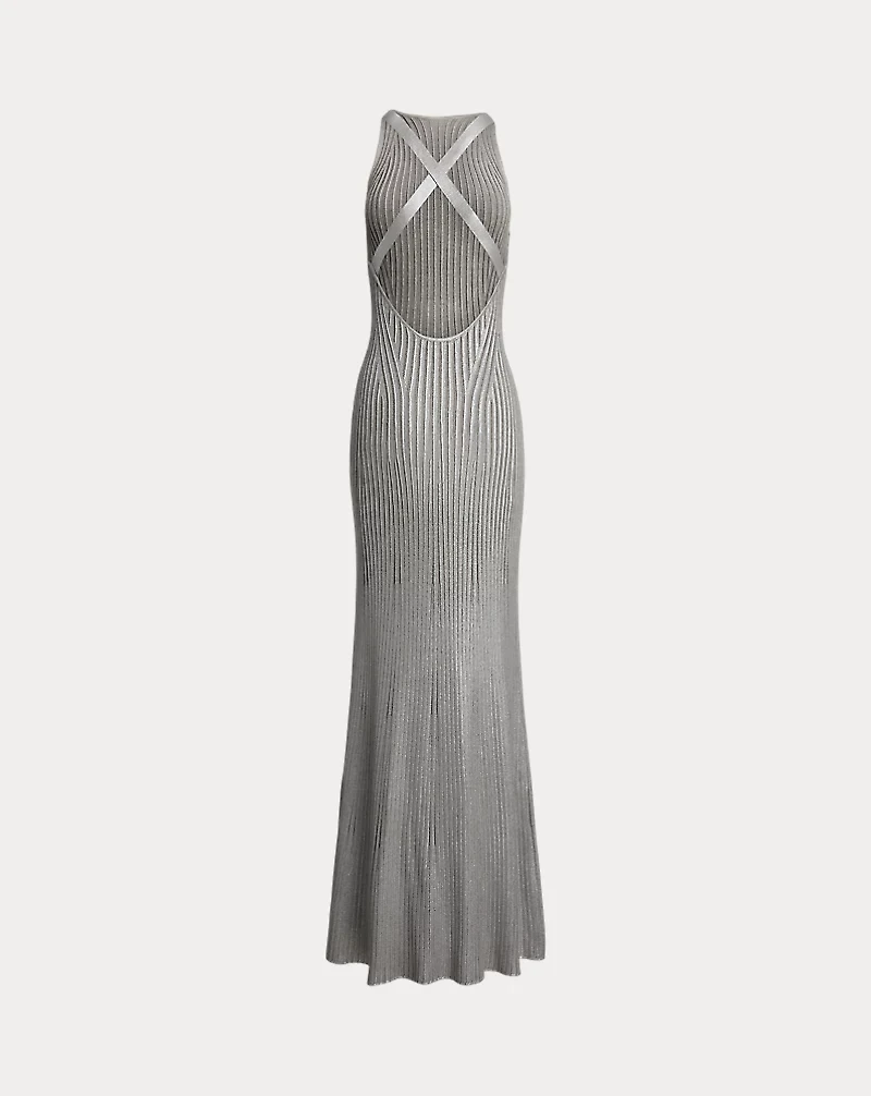 Foiled Rib-Knit Sleeveless Evening Dress