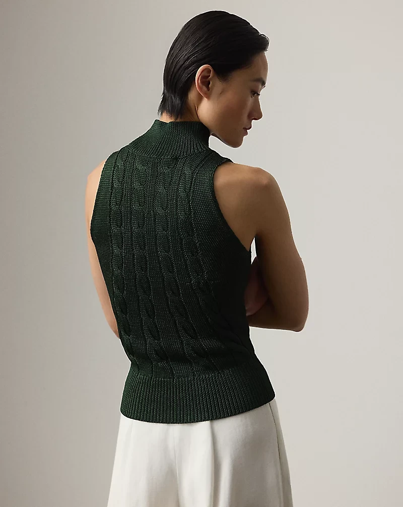 Cable-Knit Silk Sleeveless Turtleneck