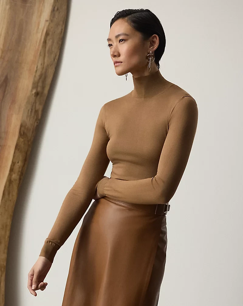 Stretch Silk Jersey Mockneck Sweater