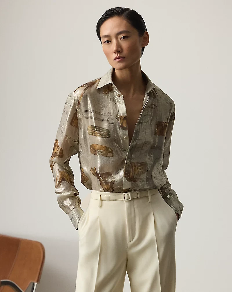 Evelina Equestrian-Print Lamé Shirt