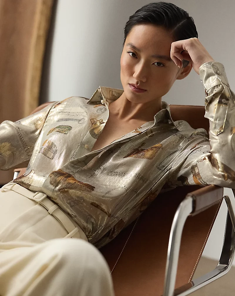 Evelina Equestrian-Print Lamé Shirt