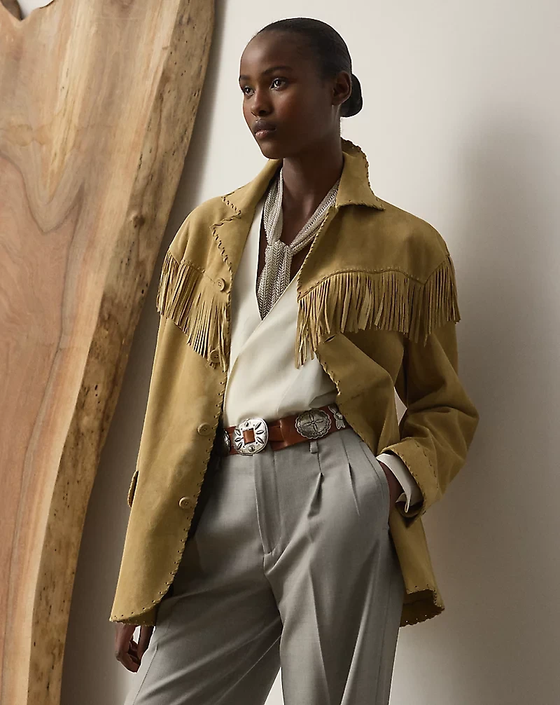 Ryland Fringe-Trim Lamb-Suede Jacket