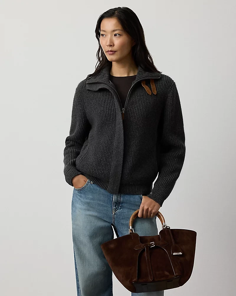 Rib-Knit Cashmere Bomber Cardigan