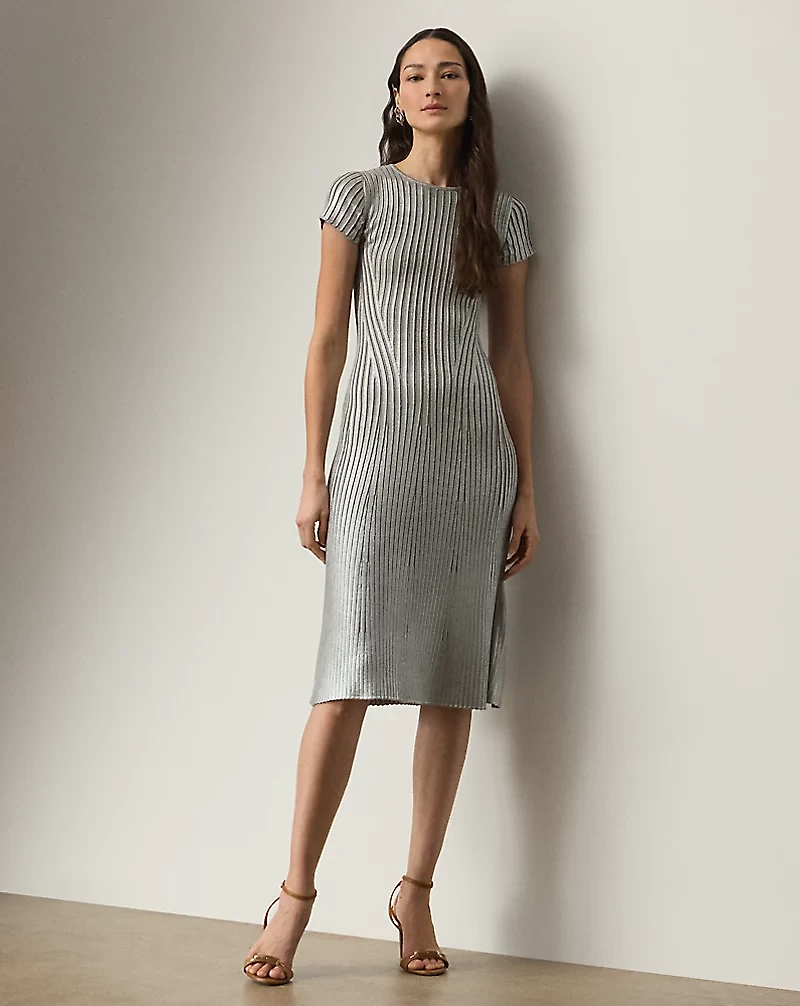 Foiled Rib-Knit Sweater Day Dress