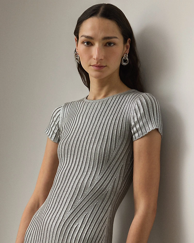 Foiled Rib-Knit Sweater Day Dress
