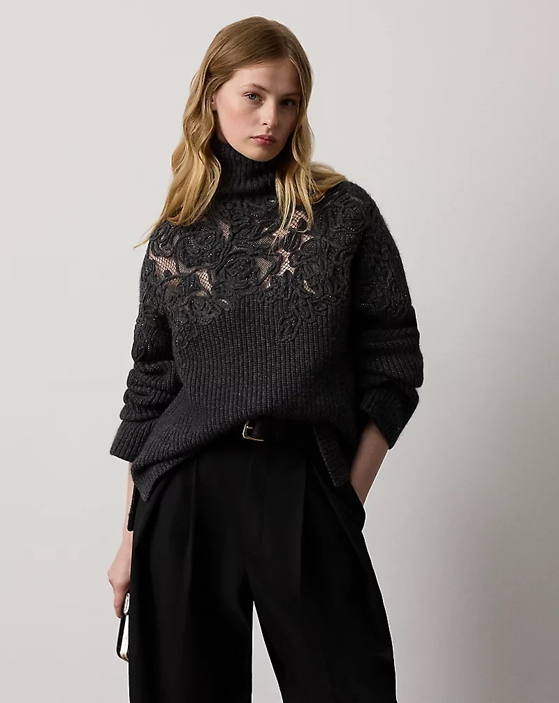 Embroidered Cashmere Funnelneck Sweater