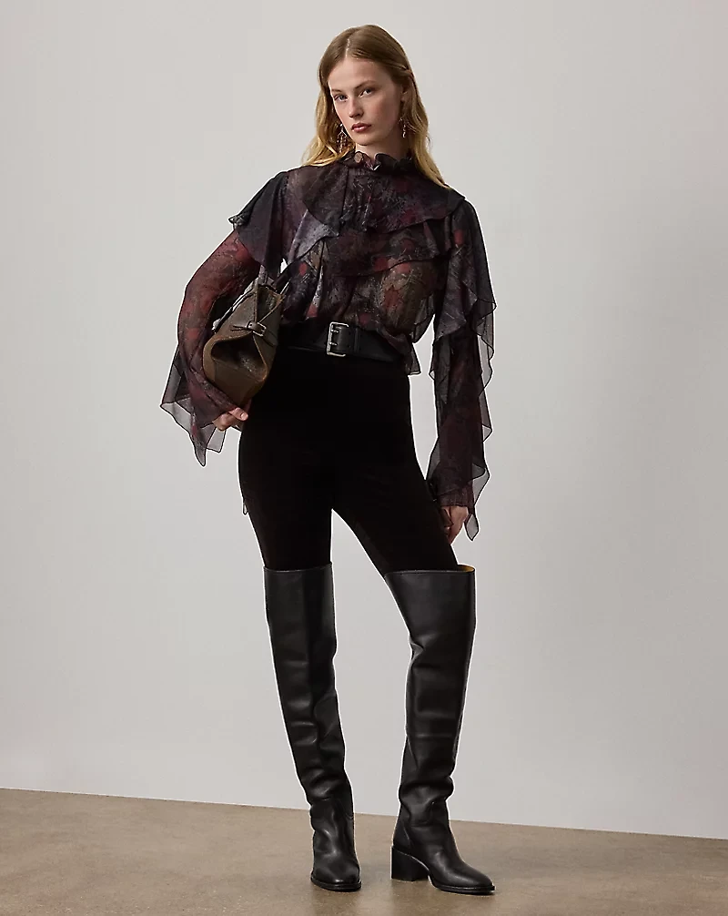 Ilene Ruffle-Trim Floral Chiffon Blouse