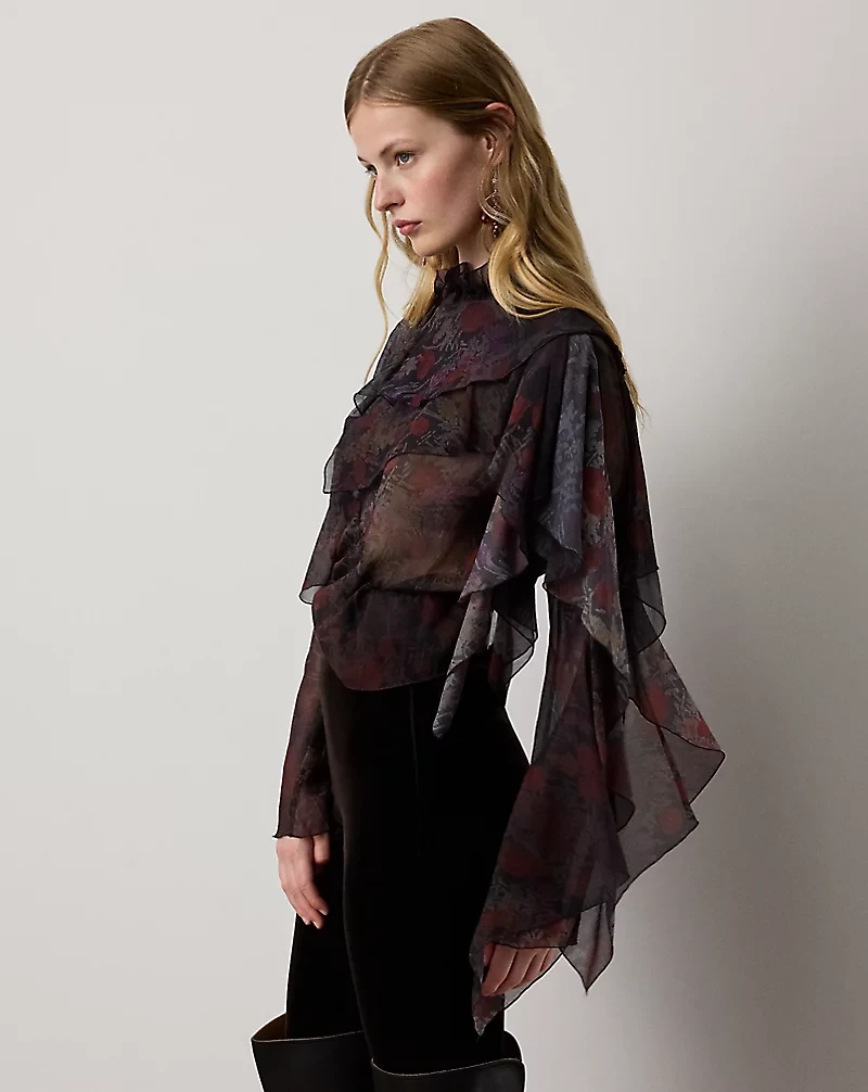Ilene Ruffle-Trim Floral Chiffon Blouse