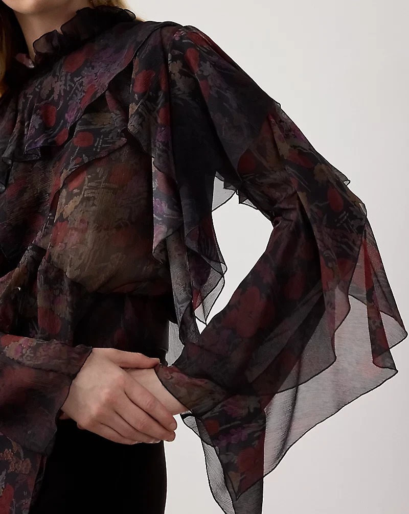 Ilene Ruffle-Trim Floral Chiffon Blouse