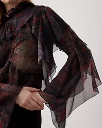 Ilene Ruffle-Trim Floral Chiffon Blouse