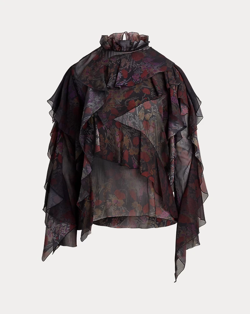 Ilene Ruffle-Trim Floral Chiffon Blouse