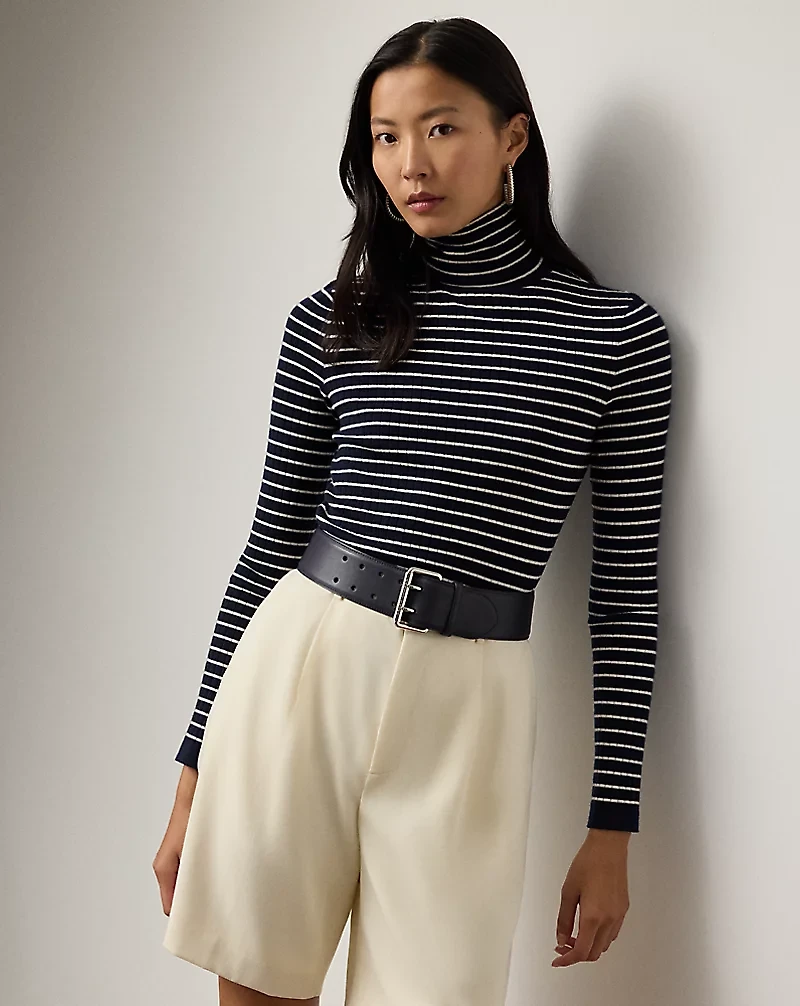 Striped Rib-Knit Cashmere Turtleneck