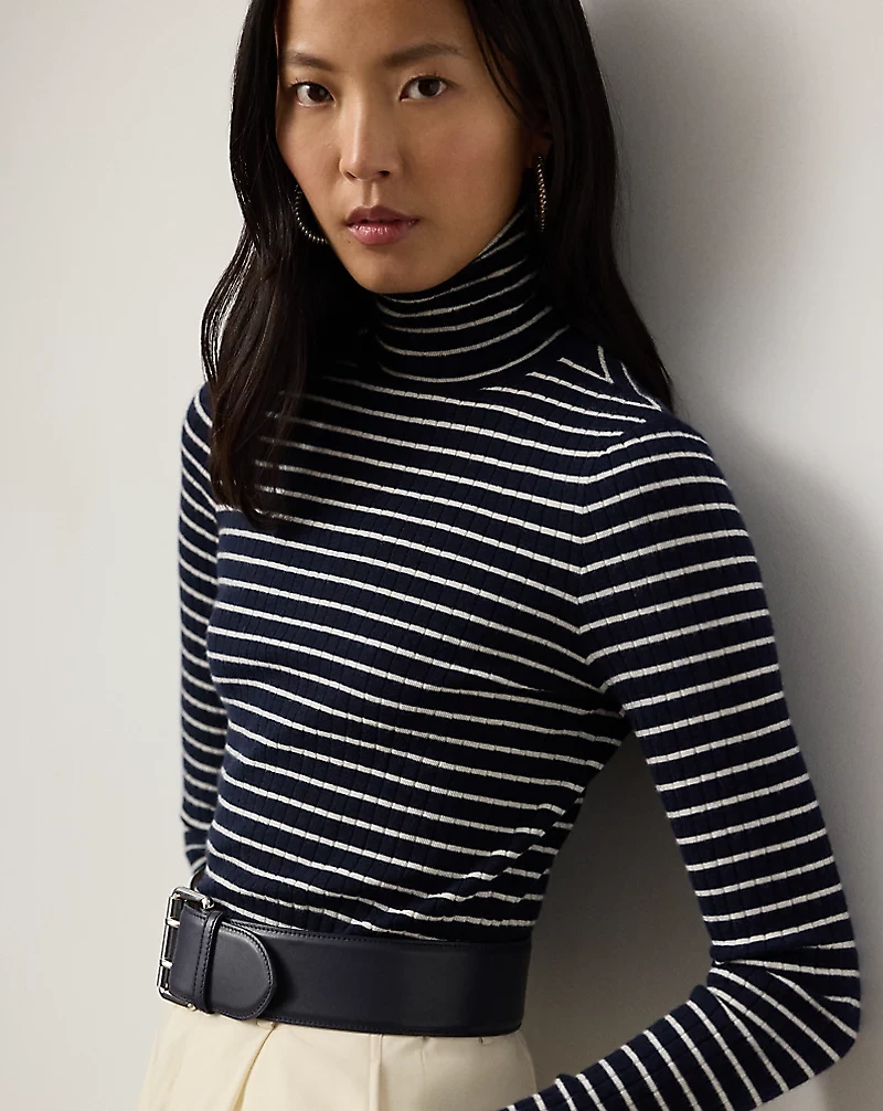 Striped Rib-Knit Cashmere Turtleneck