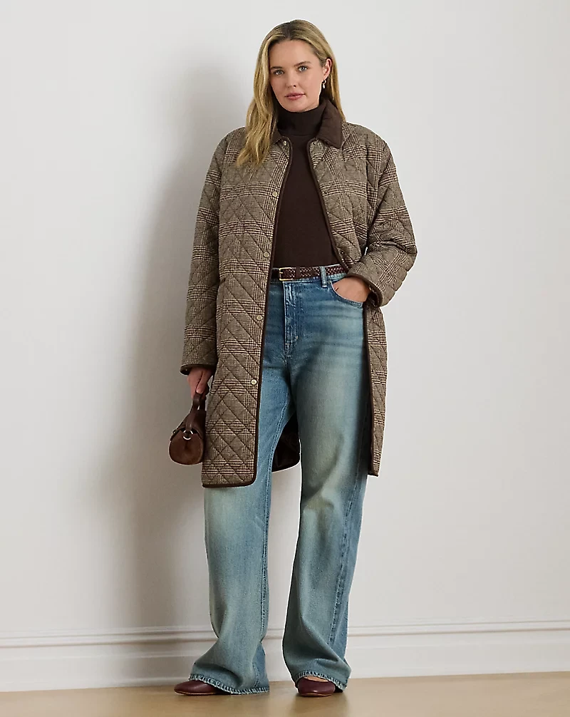 Glen Plaid Corduroy-Trim Quilted Jacket