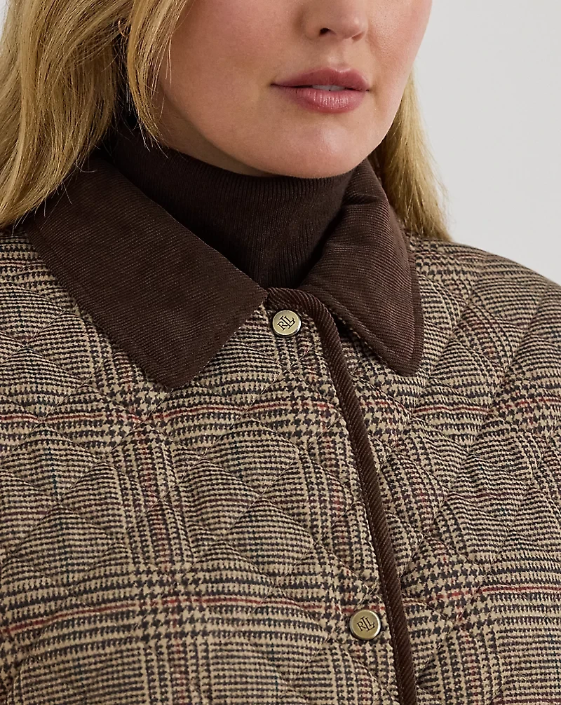 Glen Plaid Corduroy-Trim Quilted Jacket