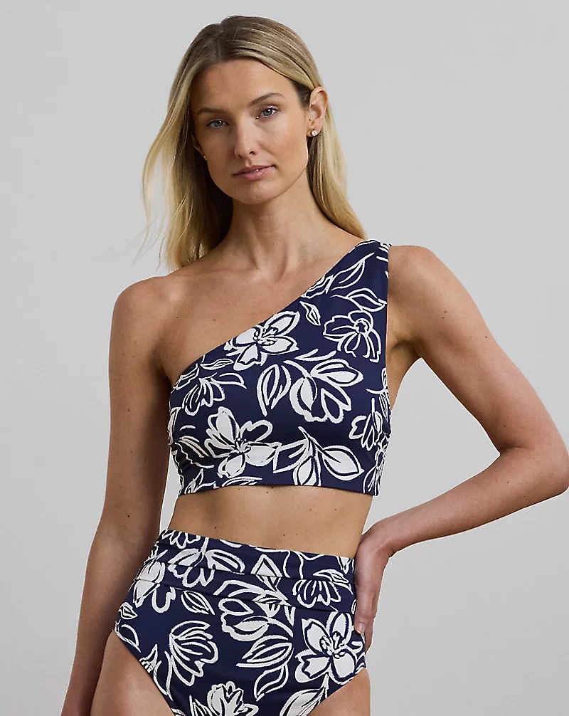 Two-Tone Floral One-Shoulder Bikini Top