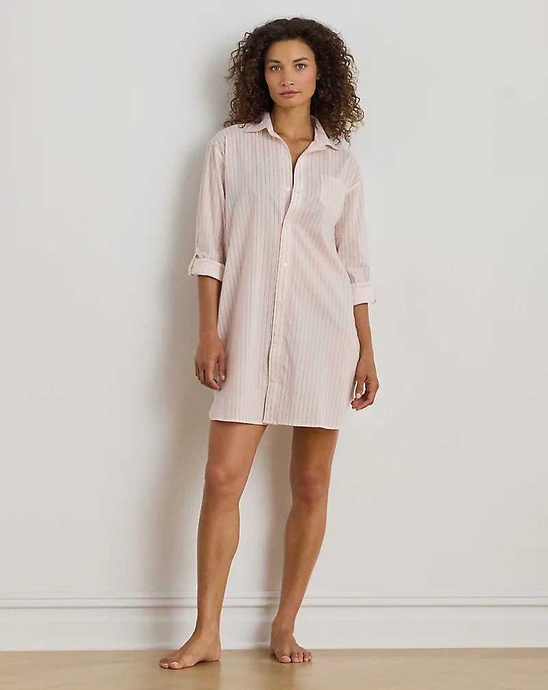 Striped Lawn Roll-Tab-Sleeve Sleep Shirt