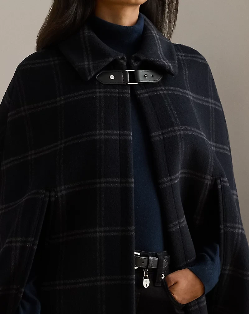 Windowpane Buckle-Trim Wool-Blend Cape
