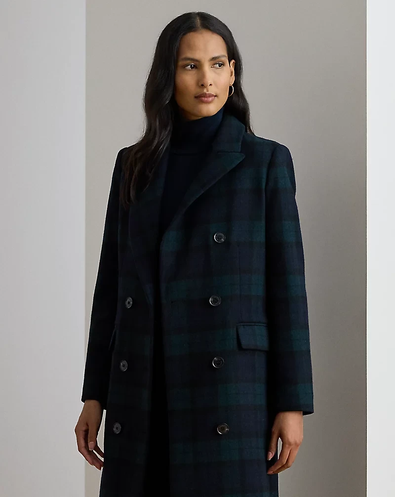 Double-Breasted Black Watch Plaid Coat